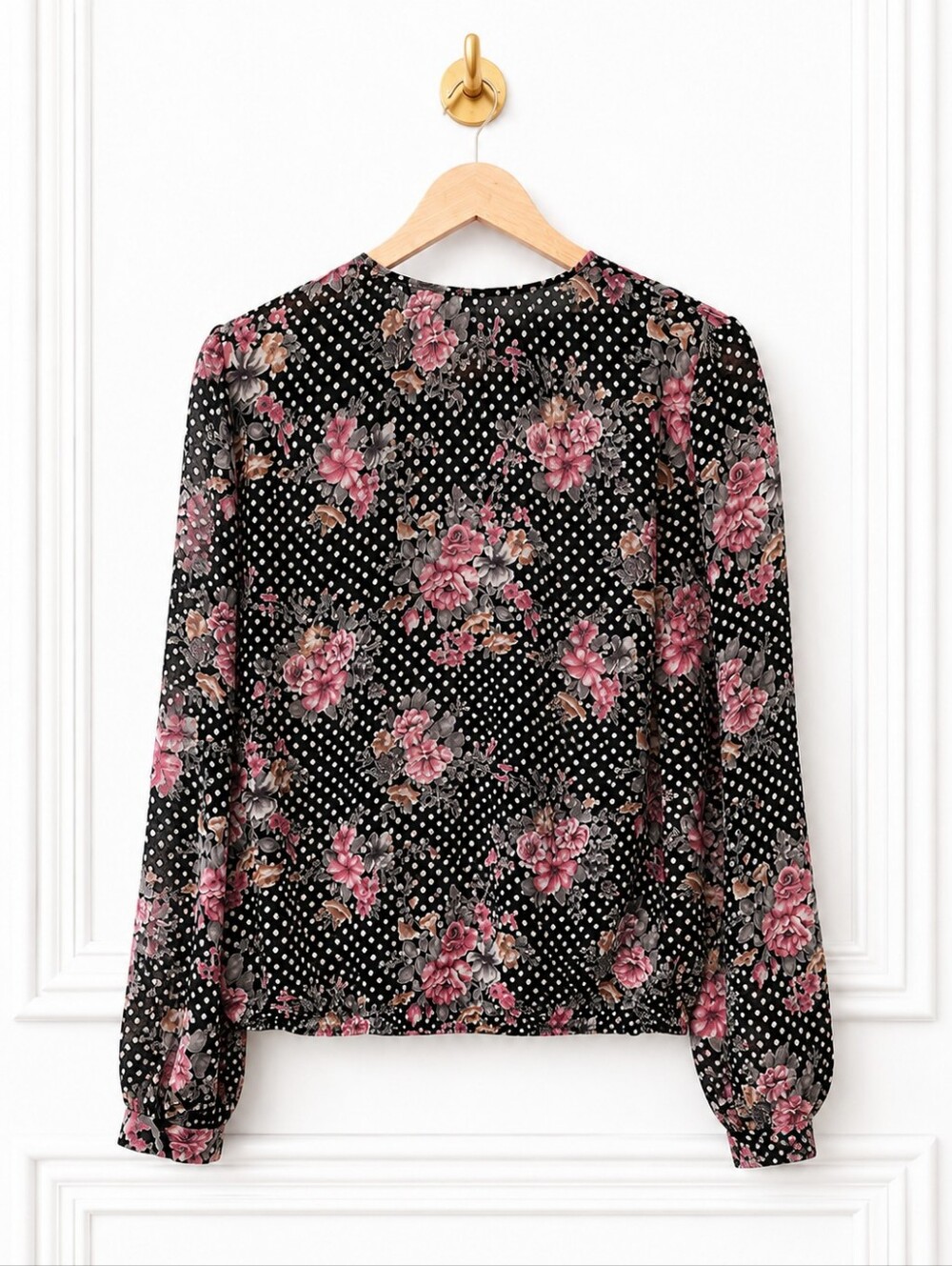 Bellatrix | Romantic Floral Semi-Sheer Wrap Blouse Black Pink | Size Medium - Picture 7 of 11